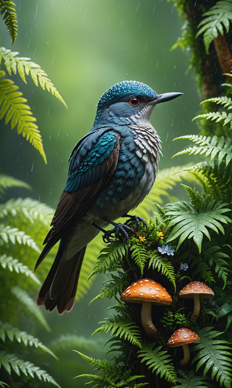 00627-1482491518-A small cuckoo bird perched on top of a tree with beautiful ferns and mushrooms and flowers, on a rainy summer morning, in a tro.png